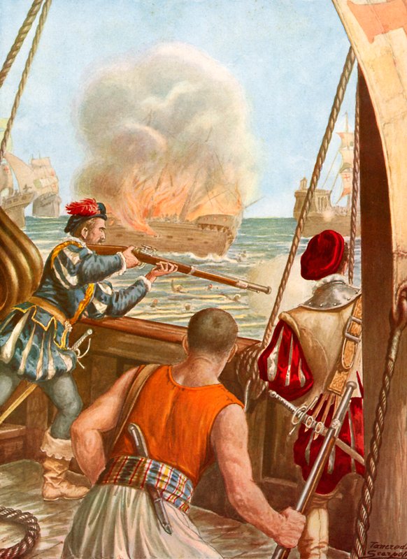 Arabisk skip satte fyr av den portugisiske flåten av Tancredi Scarpelli