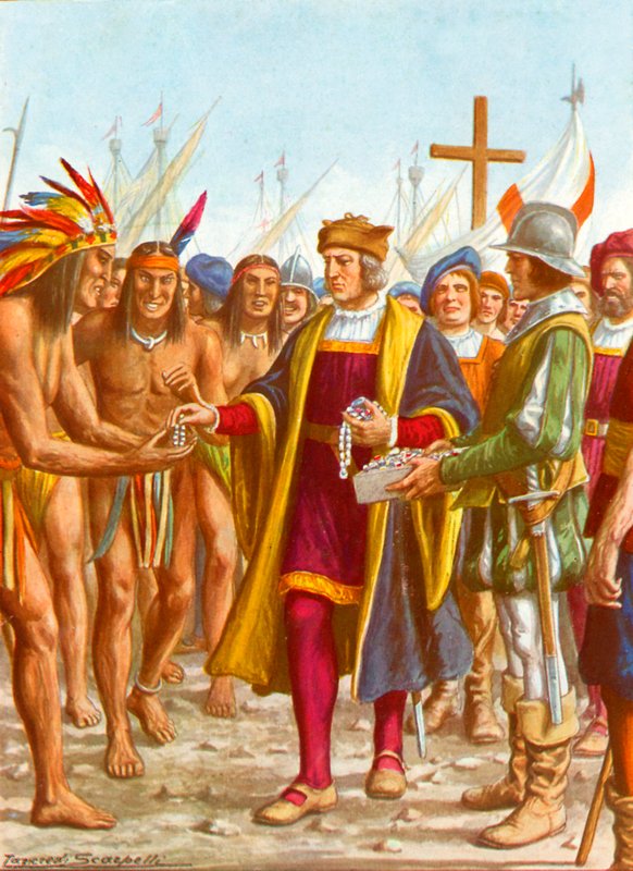Columbus går om bord i San Salvador og deler ut perler osv. til de innfødte av Tancredi Scarpelli