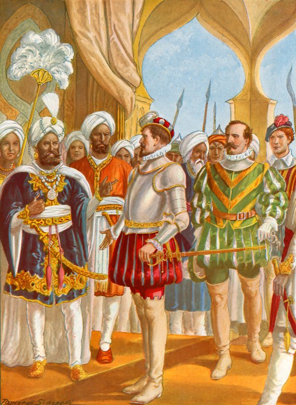 Samtale mellom Pietro Alvares Cabral og kongen av Calicut av Tancredi Scarpelli