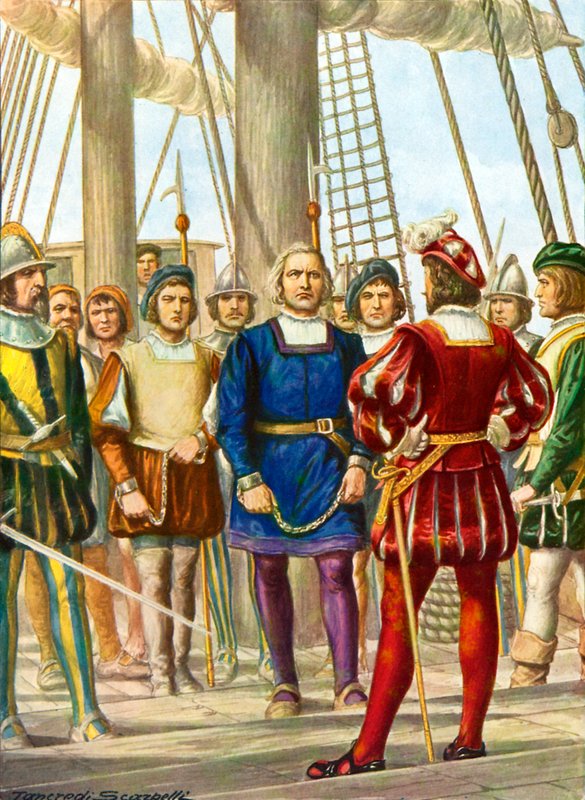 Christopher Columbus og brødrene hans Bartolomeo og Diego blir tatt til fange på et skip som skal ta dem til Spania av Tancredi Scarpelli