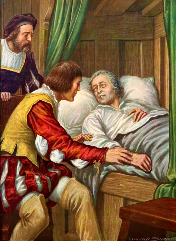 Christopher Columbus kom seg etter sykdom for å finne broren ved sengen hans av Tancredi Scarpelli