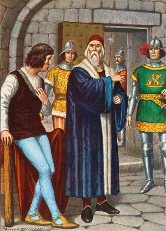 Doge Francesco Foscari ber sønnen sin om å adlyde republikkens ordre av Tancredi Scarpelli