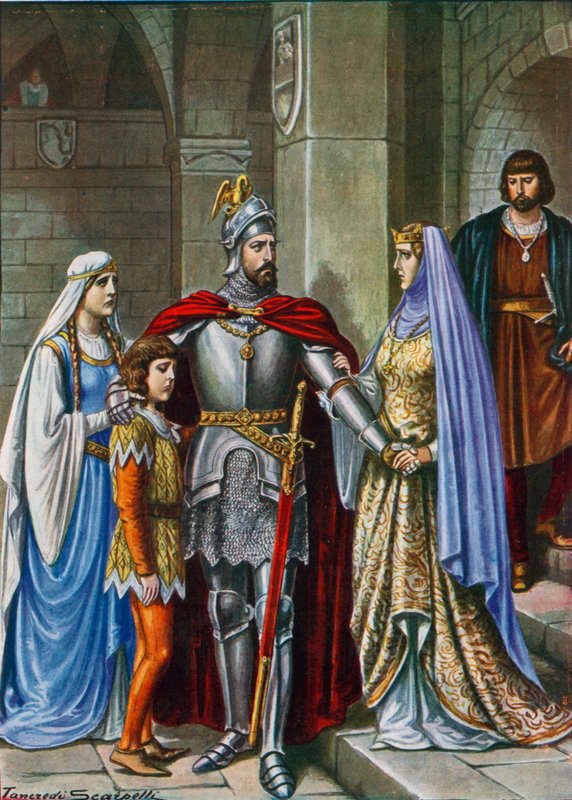 Elena og barna deres tar farvel med Manfred, drept i slaget ved Benevento av Tancredi Scarpelli