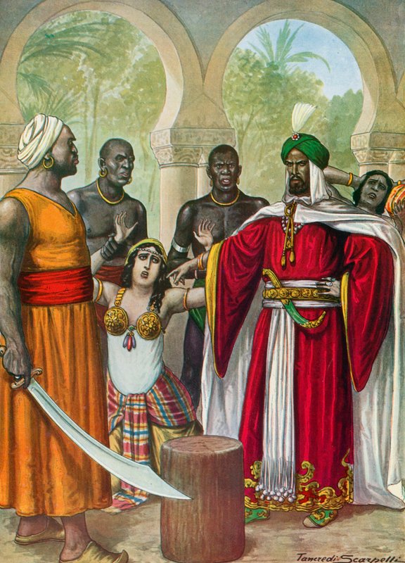 Ibn-Timnah truer med å kutte årer i armene til kona Meimuna av Tancredi Scarpelli