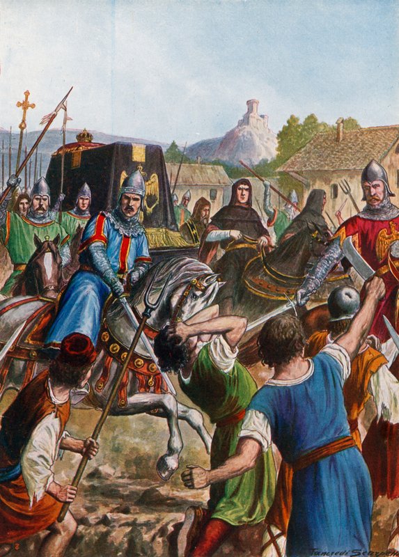 Kisten til Otto II, den hellige romerske keiseren, passerer gjennom folkemengder av italienere i opprør av Tancredi Scarpelli