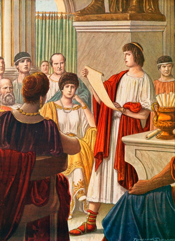 Virgil leser diktene sine for Augustus med Octavia til stede av Tancredi Scarpelli