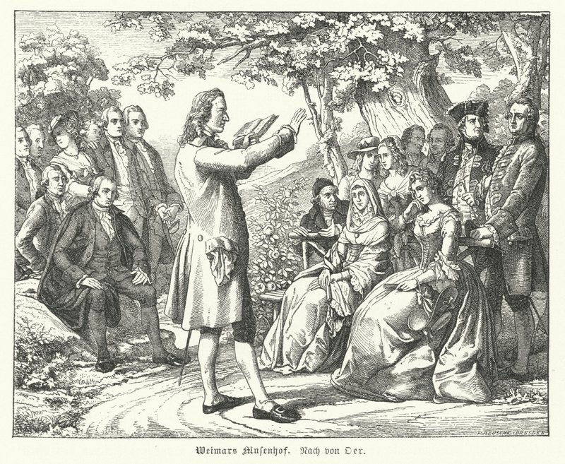 The Weimar Court of the Muses: Tysk poet og dramatiker Friedrich Schiller leser på Schloss Tiefurt, med Christoph Martin Wieland, Johann Wolfgang Goethe og Johann Gottfried Herder blant de som lytter (gravering) av Theobald Reinhold von Oer
