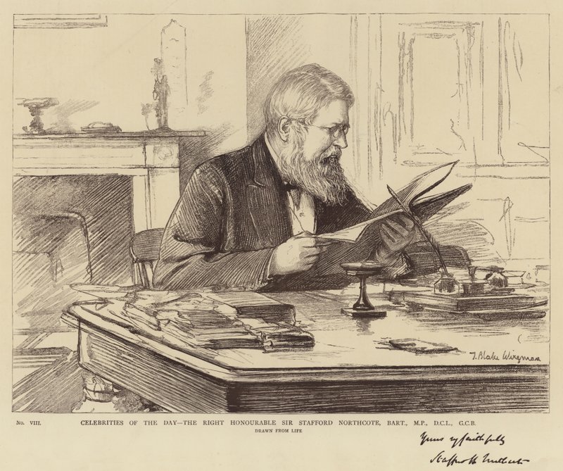 Dagens kjendiser, den høyre ærede Sir Stafford Northcote, Baronet, MP, DCL, GCB av Theodore Blake Wirgman