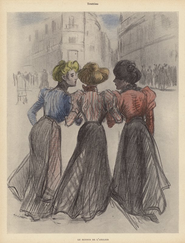 Tre kvinner som går nedover gaten (farge litho) av Theophile Alexandre (after) Steinlen