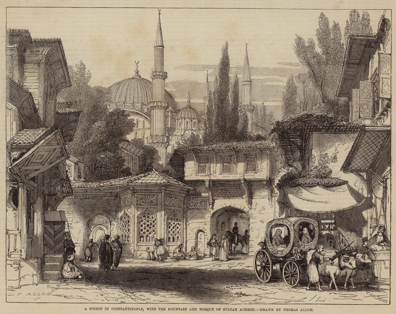 En gate i Konstantinopel, med fontenen og moskeen til Sultan Achmet av Thomas Allom