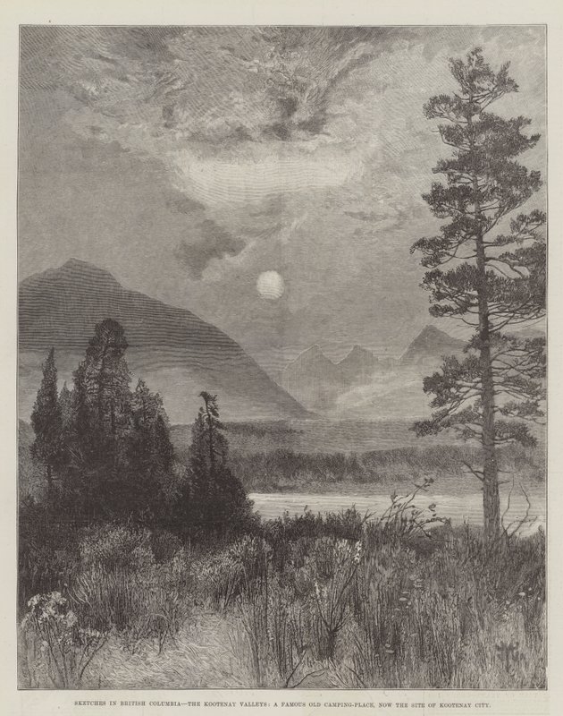 Skisser i British Columbia, Kootenay Valleys, en berømt gammel campingplass, nå stedet for Kootenay City av Thomas Moran
