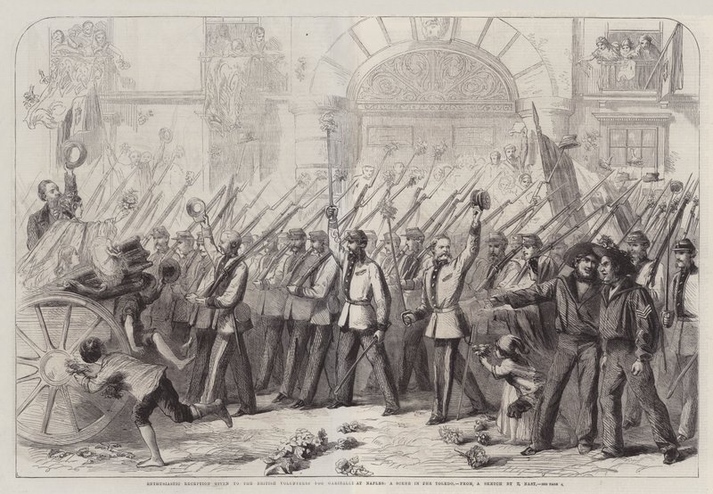 Entusiastisk mottakelse gitt til de britiske frivillige for Garibaldi i Napoli, en scene i Toledo av Thomas Nast