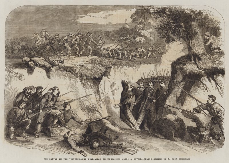Slaget på Volturno, de napolitanske troppene passerer langs en ravine av Thomas Nast