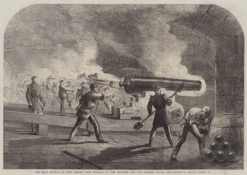 Hovedbatteriet ved Fort Sumter, våpen som bærer mot Fort Moultrie og kanalen under aksjonen fredag 12. april av Thomas Nast