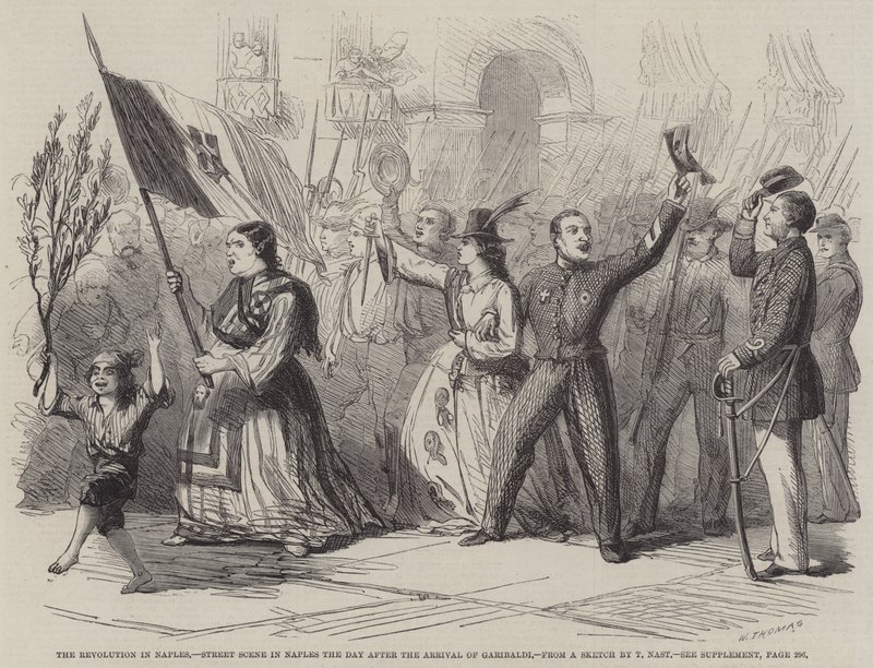 Revolusjonen i Napoli, gatescene i Napoli dagen etter ankomsten til Garibaldi av Thomas Nast