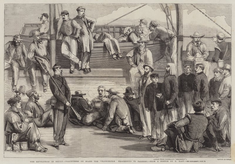 Revolusjonen på Sicilia, frivillige om bord på Washington fortsetter til Palermo av Thomas Nast