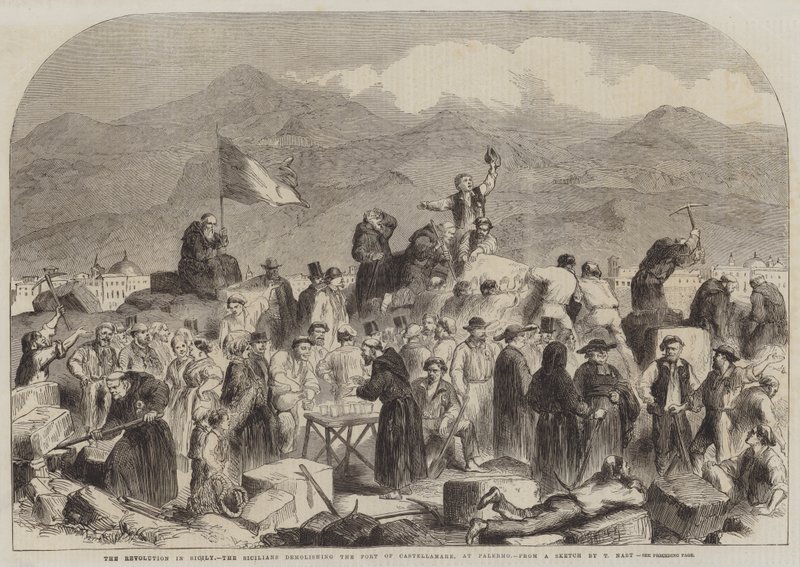 Revolusjonen på Sicilia, sicilianerne som river fortet Castellamare, i Palermo av Thomas Nast