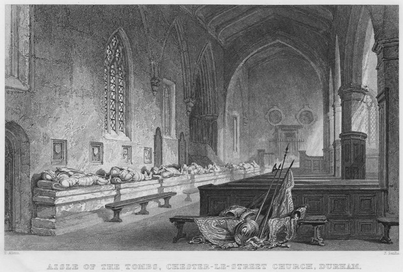 Aisle of the Tombs, Chester-Le-Street Church, Durham (gravering) av Thomas (after) Allom