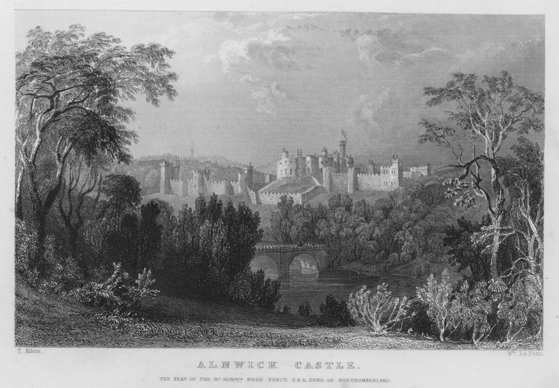 Alnwick Castle, setet til Hugh Percy, hertugen av Northumberland (gravering) av Thomas (after) Allom