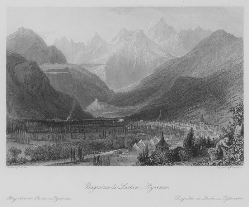 Bagneres de Luchon, Pyreneene (gravering) av Thomas (after) Allom