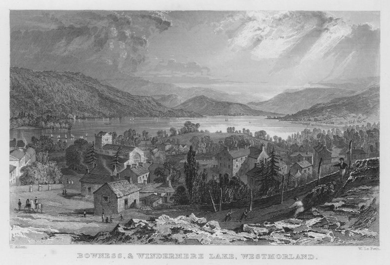 Bowness og Windermere Lake, Westmorland (gravering) av Thomas (after) Allom