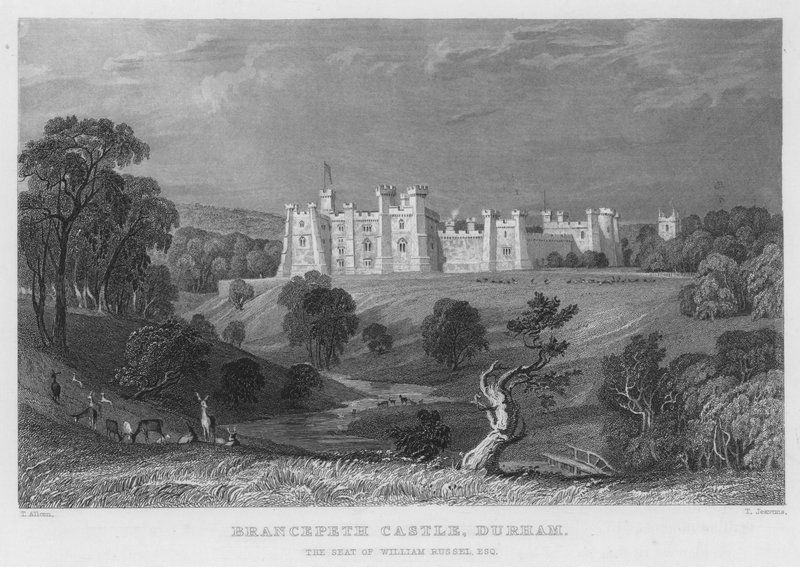 Brancepeth Castle, Durham, setet til William Russel (gravering) av Thomas (after) Allom