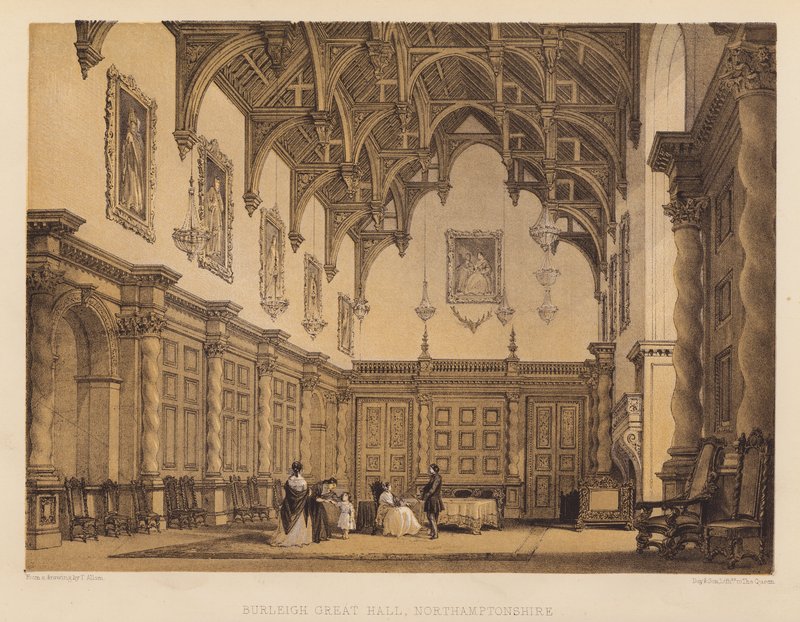 Burleigh Great Hall, Northamptonshire (akvatint) av Thomas (after) Allom