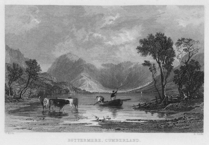 Buttermere, Cumberland (gravering) av Thomas (after) Allom