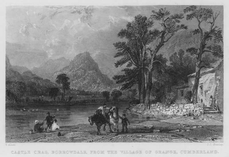 Castle Crag, Borrowdale, fra Village of Grange, Cumberland (gravering) av Thomas (after) Allom