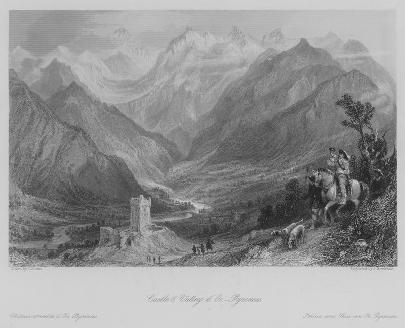 Castle and Valley d'Oo, Pyreneene (gravering) av Thomas (after) Allom