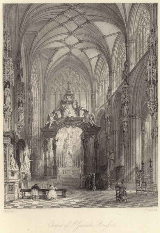 St Gudula kapell, Brussel (gravering) av Thomas (after) Allom