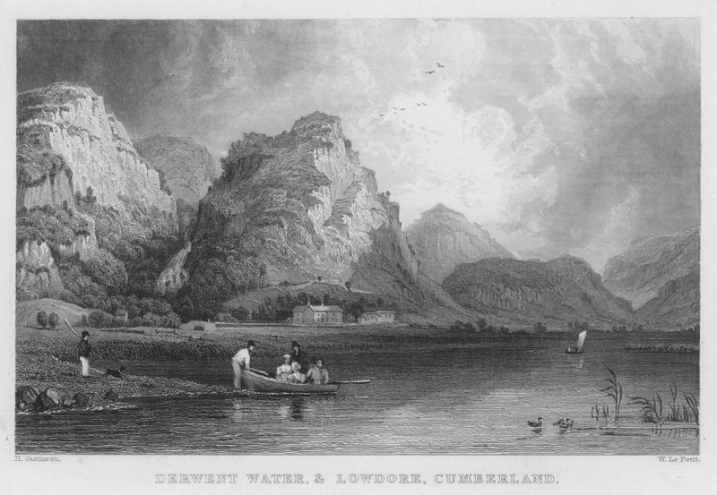 Derwent Water og Lowdore, Cumberland (gravering) av Thomas (after) Allom