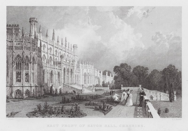 Østfronten av Eaton Hall, Cheshire (gravering) av Thomas (after) Allom