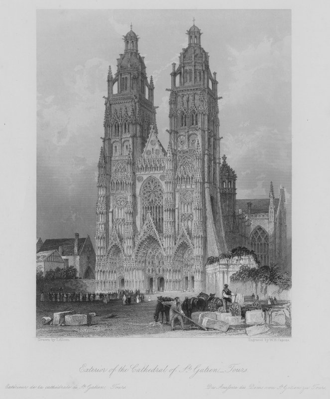 Eksteriør av katedralen St. Gatien, Tours (gravering) av Thomas (after) Allom