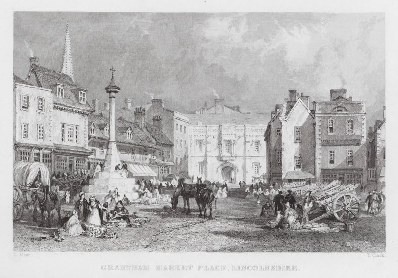 Grantham Market Place, Lincolnshire (gravering) av Thomas (after) Allom