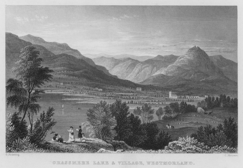 Grassmere Lake and Village, Westmorland (gravering) av Thomas (after) Allom