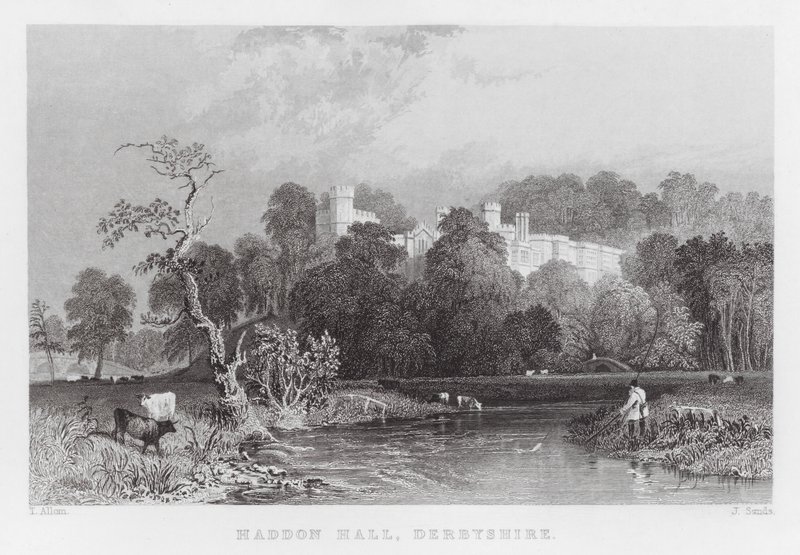 Haddon Hall, Derbyshire (gravering) av Thomas (after) Allom