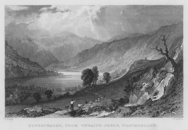 Hawes-Water, fra Thwaite-Force, Westmorland (gravering) av Thomas (after) Allom