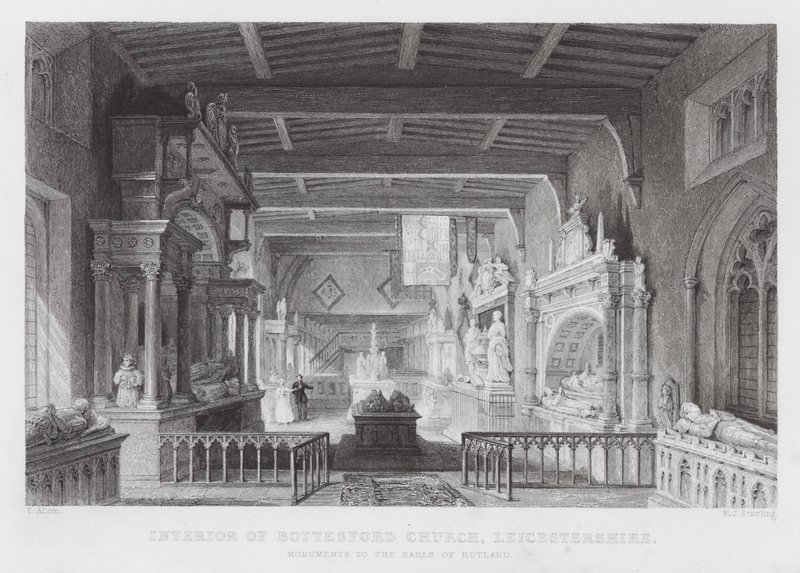 Interiør av Bottesford Church, Leicestershire, monumenter til jarlene av Rutland (gravering) av Thomas (after) Allom