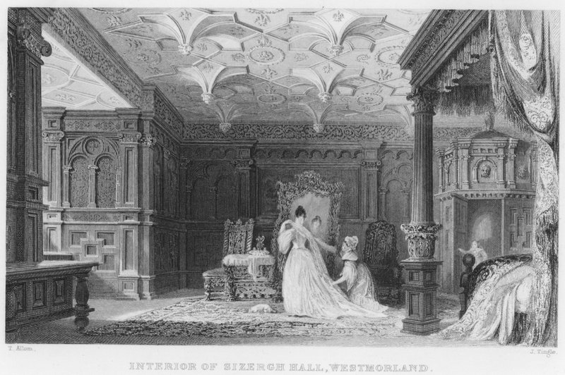 Interiør i Sizergh Hall, Westmorland (gravering) av Thomas (after) Allom