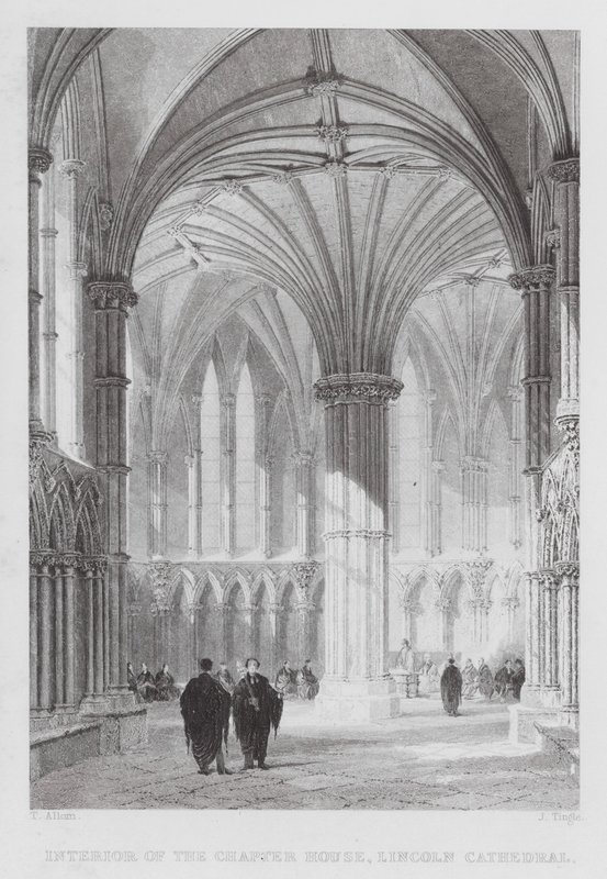 Interiøret i Chapter House, Lincoln Cathedral (gravering) av Thomas (after) Allom
