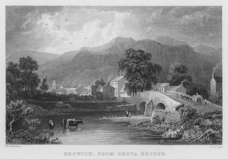 Keswick, fra Greta Bridge (gravering) av Thomas (after) Allom