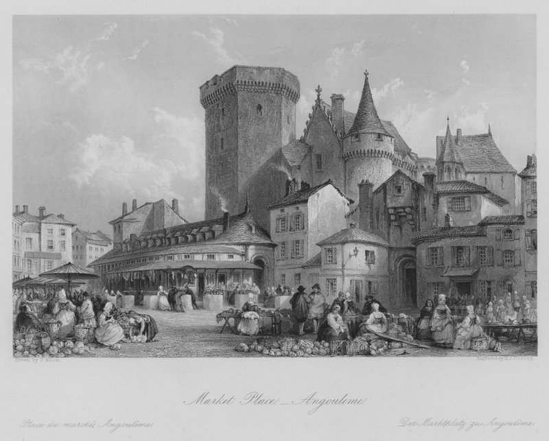 Market Place, Angouleme (gravering) av Thomas (after) Allom