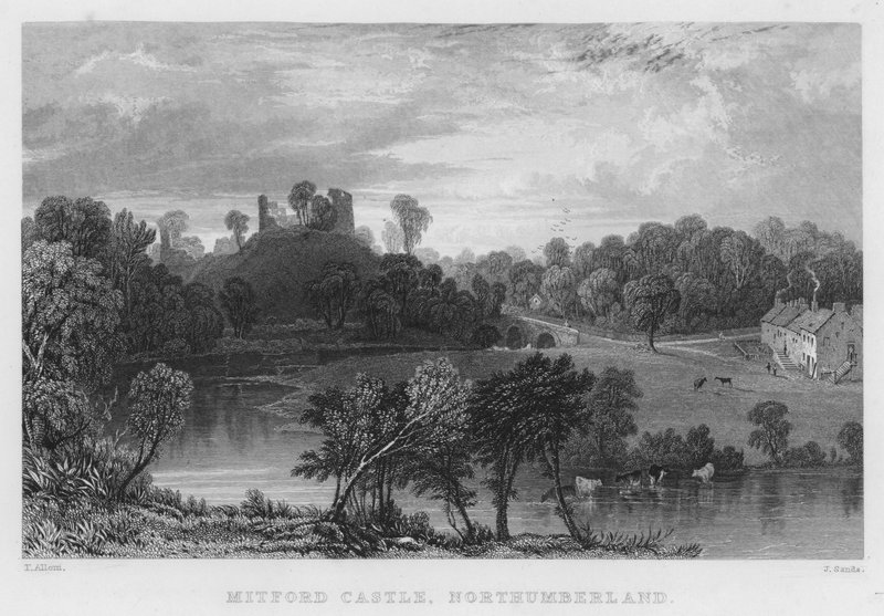 Mitford Castle, Northumberland (gravering) av Thomas (after) Allom