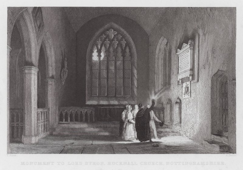 Monument til Lord Byron, Hucknall Church, Nottinghamshire (gravering) av Thomas (after) Allom