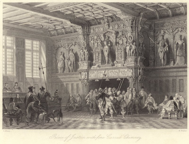 Justispalasset, med fin utskåret skorstein, Brugge (gravering) av Thomas (after) Allom