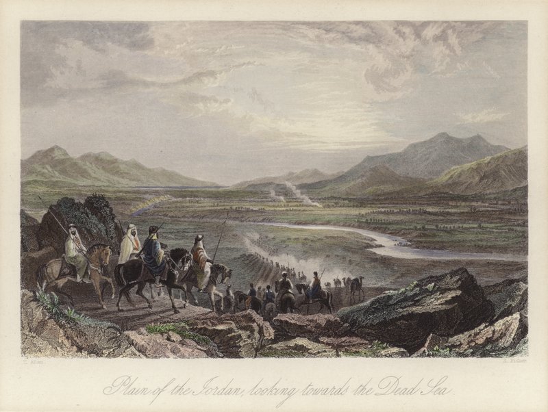 Sletten av elven Jordan ser mot Dødehavet (farget gravering) av Thomas (after) Allom