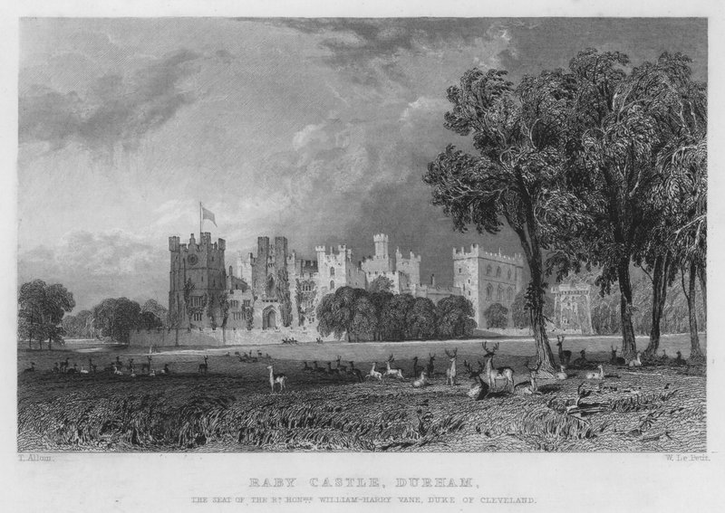 Raby Castle, Durham, setet til William-Harry Vane, hertugen av Cleveland (gravering) av Thomas (after) Allom