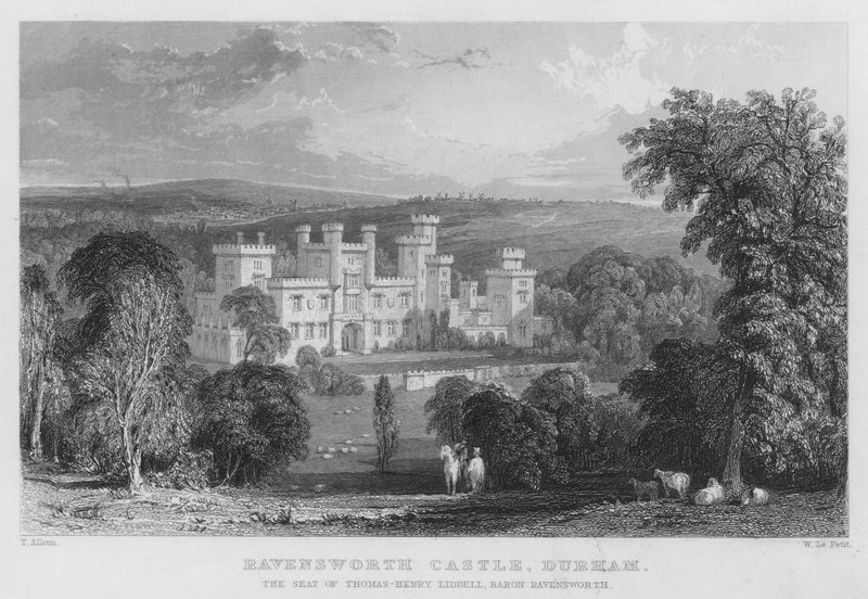 Ravensworth Castle, Durham, setet til Thomas-Henry Liddell, Baron Ravensworth (gravering) av Thomas (after) Allom