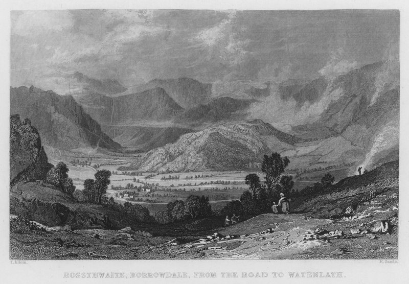 Rossthwaite, Borrowdale, fra veien til Watenlath (gravering) av Thomas (after) Allom
